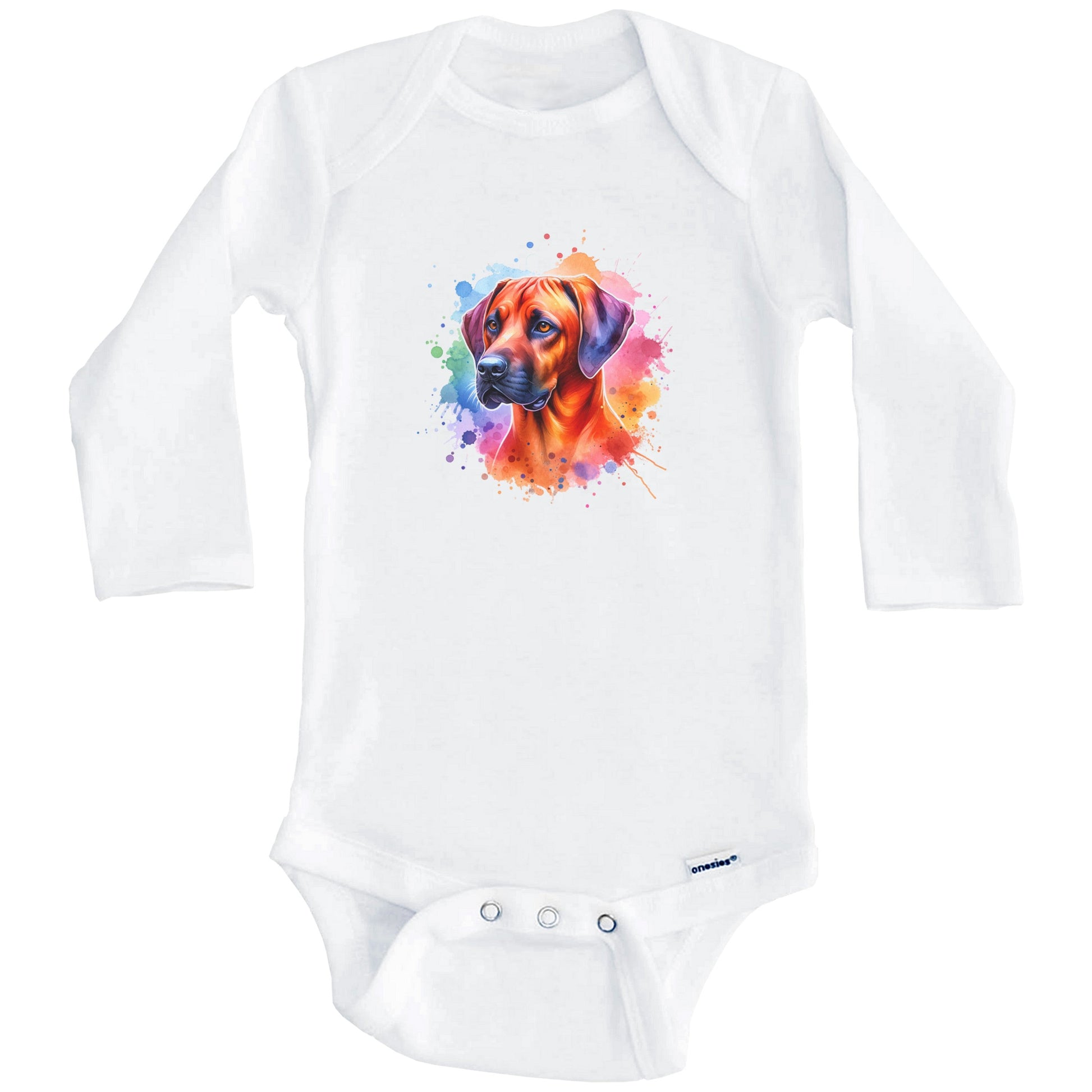 Rhodesian Ridgeback Rainbow Watercolor Portrait Dog Lover Baby Bodysuit - Rhodesian Ridgeback Baby Gift (Long Sleeves)