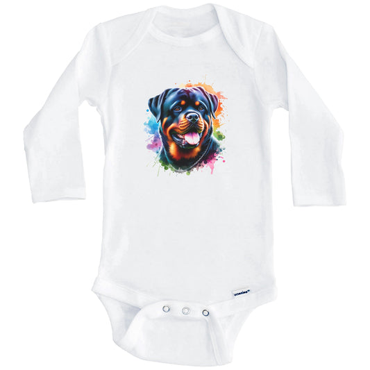 Rottweiler Rainbow Watercolor Portrait Dog Lover Baby Bodysuit - Rottweiler Baby Gift (Long Sleeves)