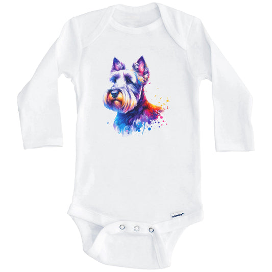 Scottish Terrier Rainbow Watercolor Portrait Dog Lover Baby Bodysuit - Scottie Baby Gift (Long Sleeves)