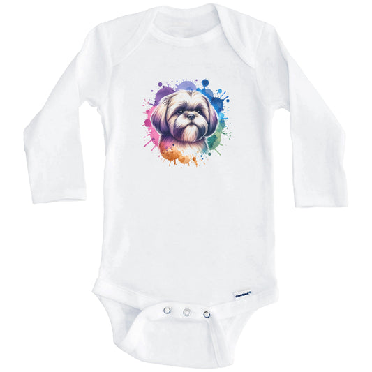 Shih Tzu Rainbow Watercolor Portrait Dog Lover Baby Bodysuit - Shih Tzu Baby Gift (Long Sleeves)