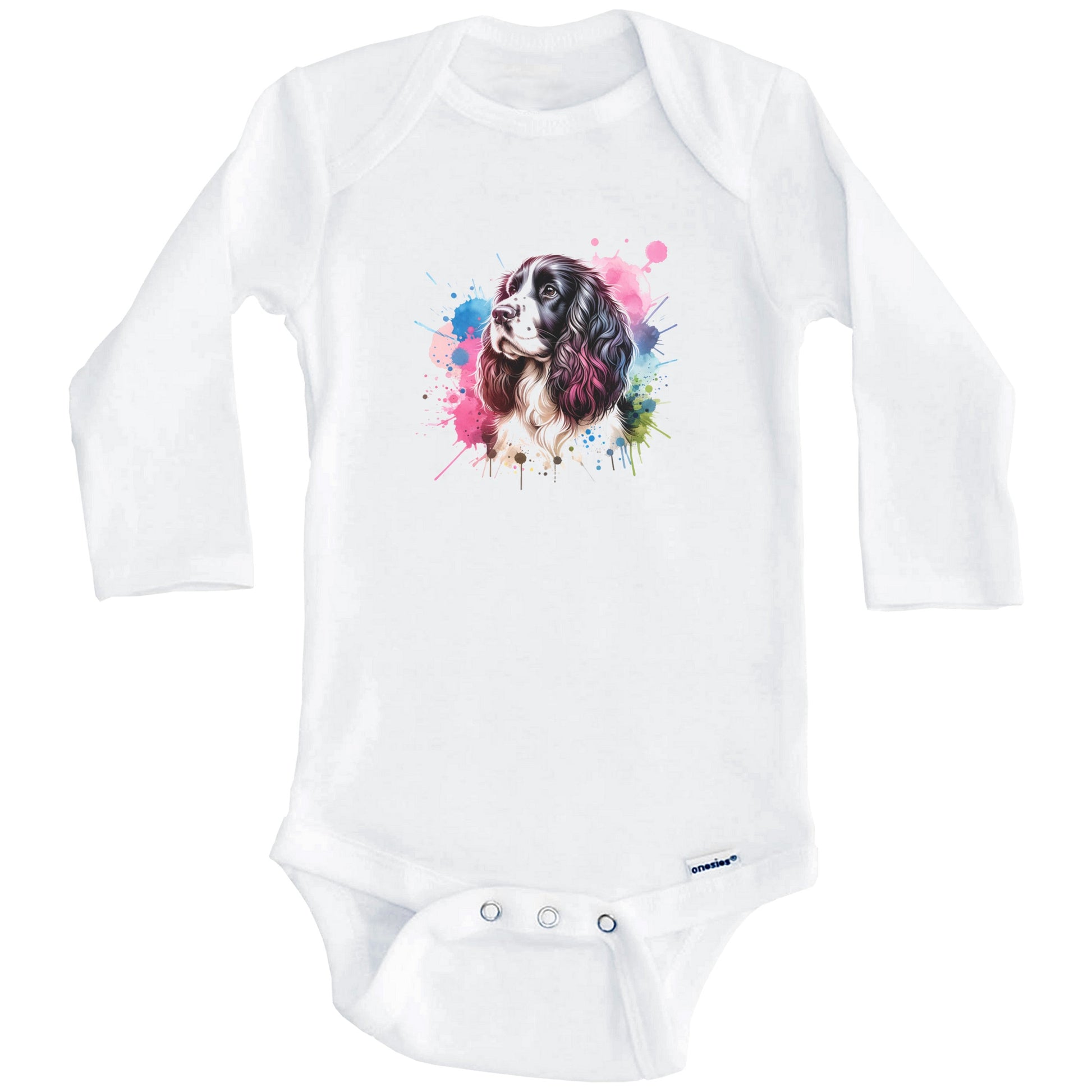 Springer Spaniel Rainbow Watercolor Portrait Dog Lover Baby Bodysuit - Springer Spaniel Baby Gift (Long Sleeves)