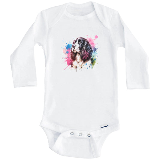 Springer Spaniel Rainbow Watercolor Portrait Dog Lover Baby Bodysuit - Springer Spaniel Baby Gift (Long Sleeves)