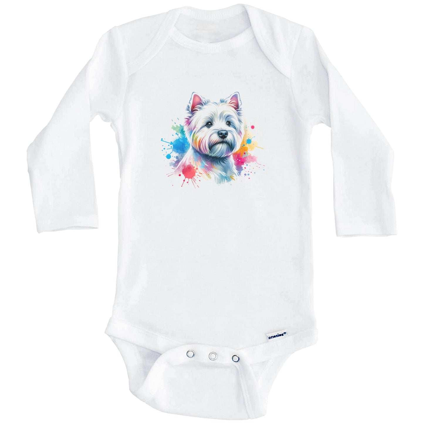 West Highland Terrier Rainbow Watercolor Portrait Dog Lover Baby Bodysuit - Westie Baby Gift (Long Sleeves)