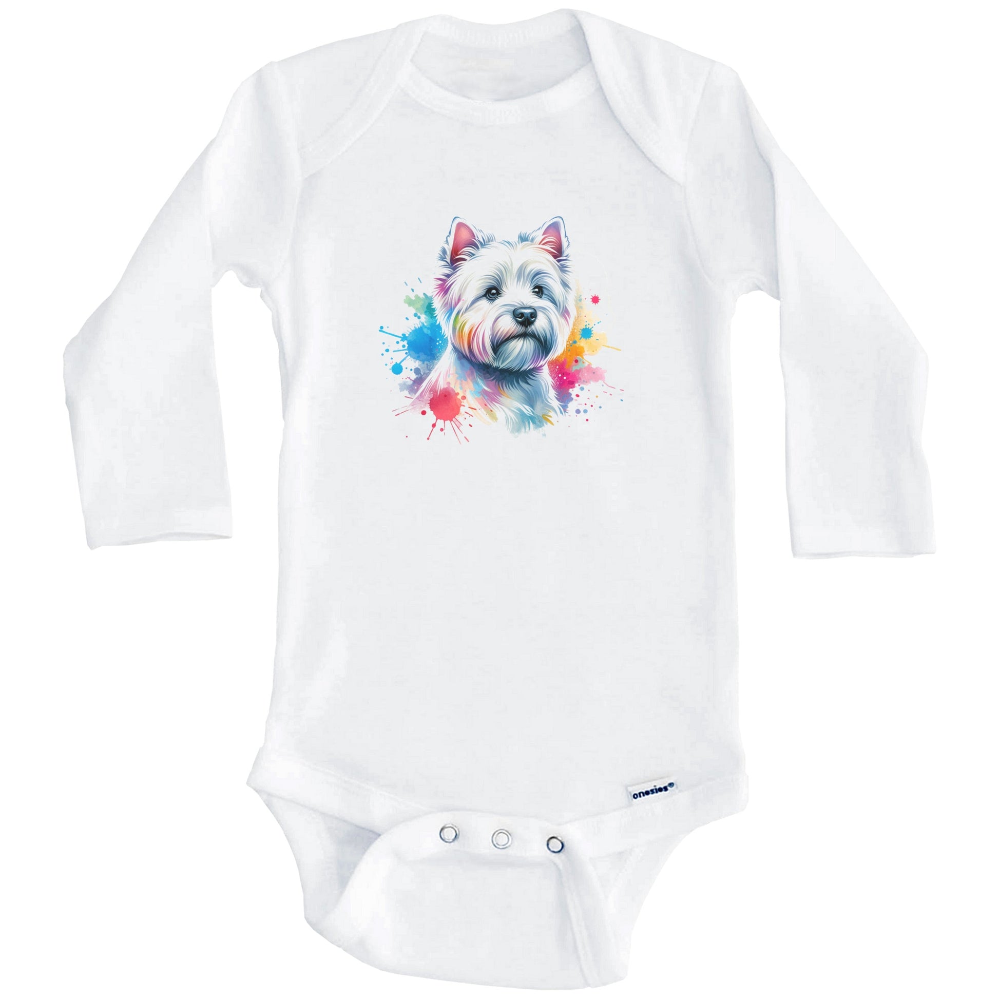 West Highland Terrier Rainbow Watercolor Portrait Dog Lover Baby Bodysuit - Westie Baby Gift (Long Sleeves)