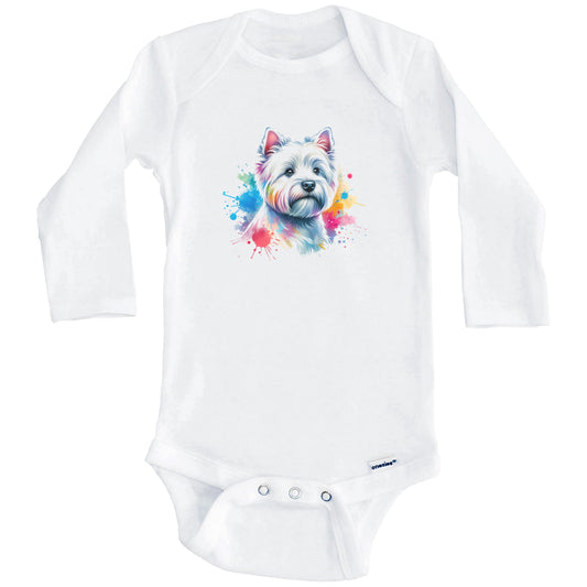 West Highland Terrier Rainbow Watercolor Portrait Dog Lover Baby Bodysuit - Westie Baby Gift (Long Sleeves)