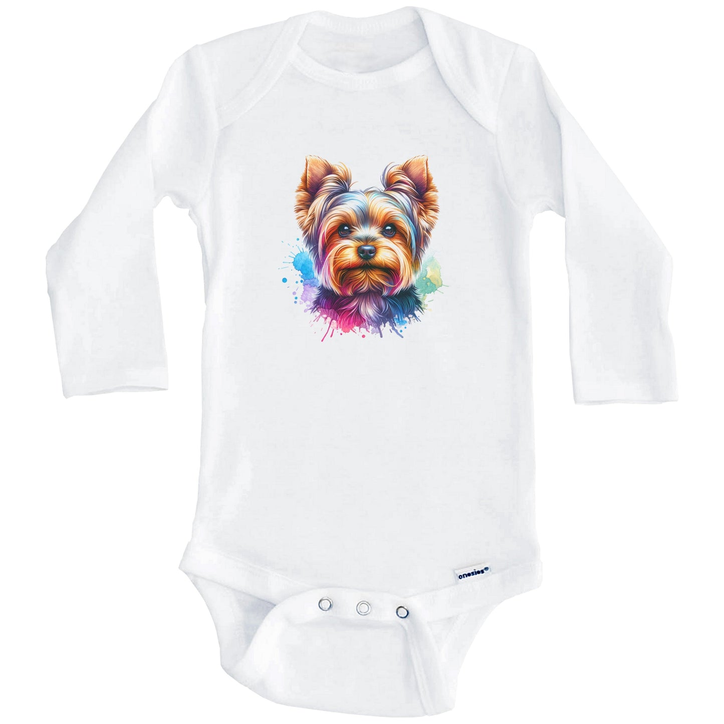 Yorkshire Terrier Rainbow Watercolor Portrait Dog Lover Baby Bodysuit - Yorkie Baby Gift (Long Sleeves)