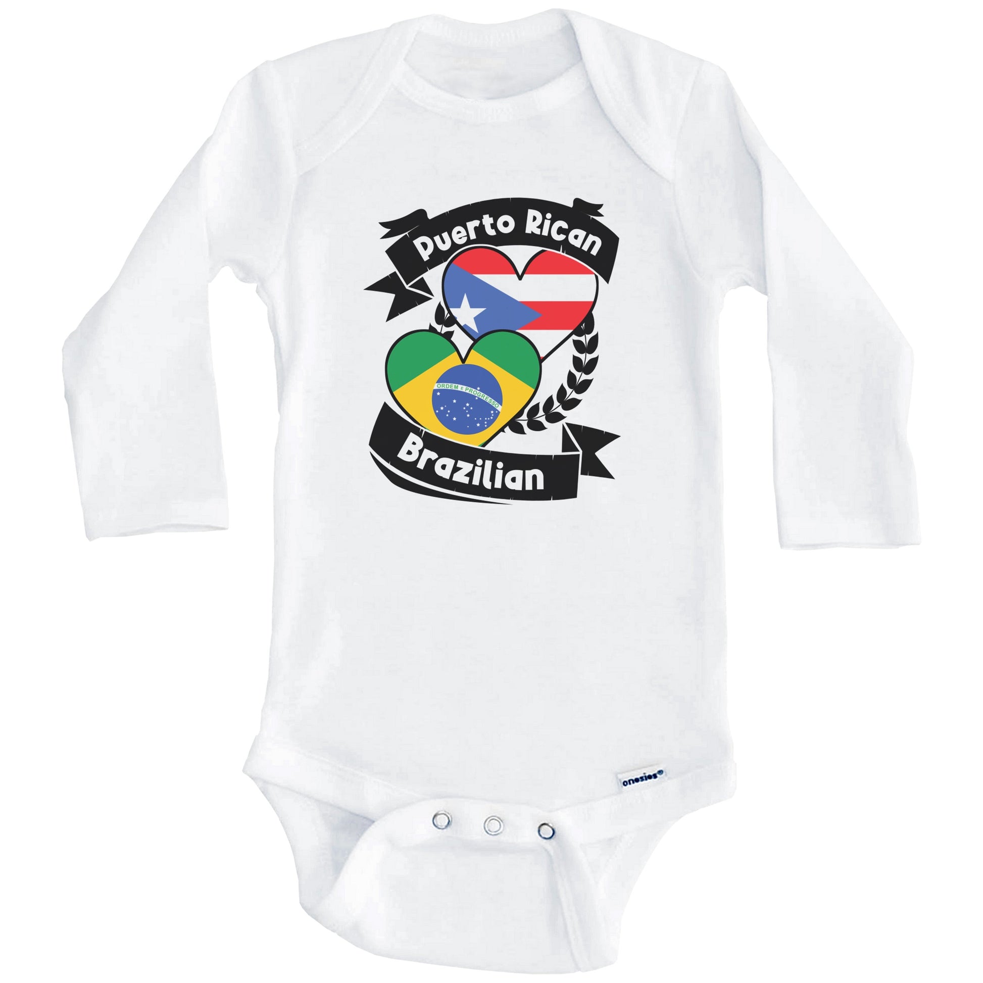 Puerto Rican Brazilian Heart Flags Puerto Rico Brazil Baby Bodysuit (Long Sleeves)