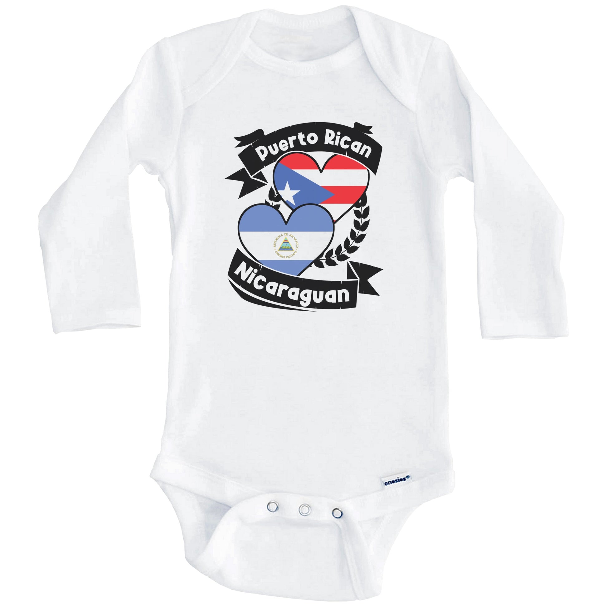 Puerto Rican Nicaraguan Heart Flags Puerto Rico Nicaragua Baby Bodysuit (Long Sleeves)