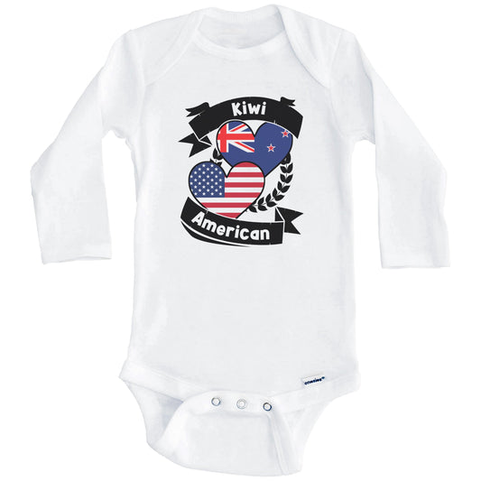 Kiwi American Hearts USA Flag New Zealand Flag Baby Bodysuit (Long Sleeves)