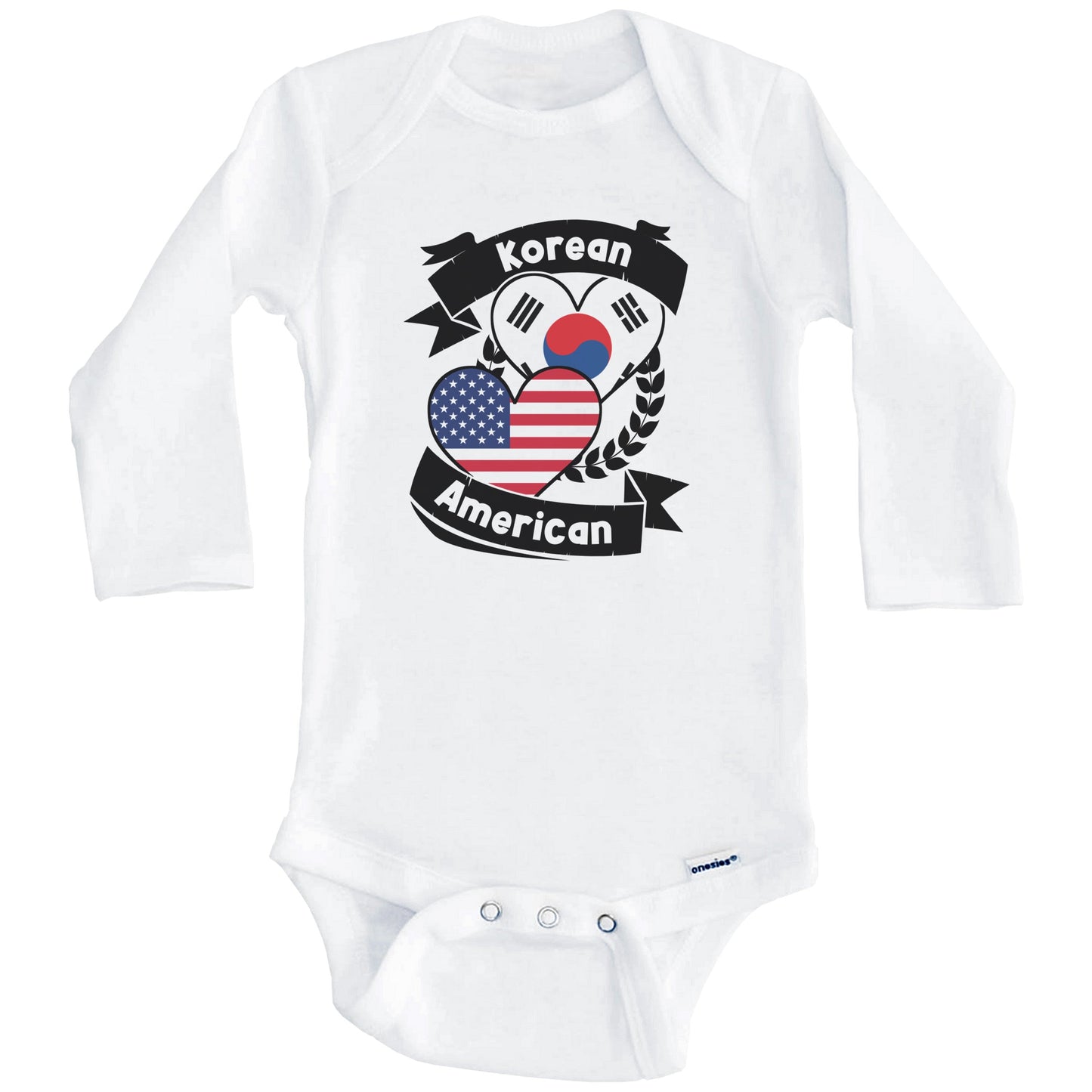 Korean American Hearts USA Flag South Korea Flag Baby Bodysuit (Long Sleeves)