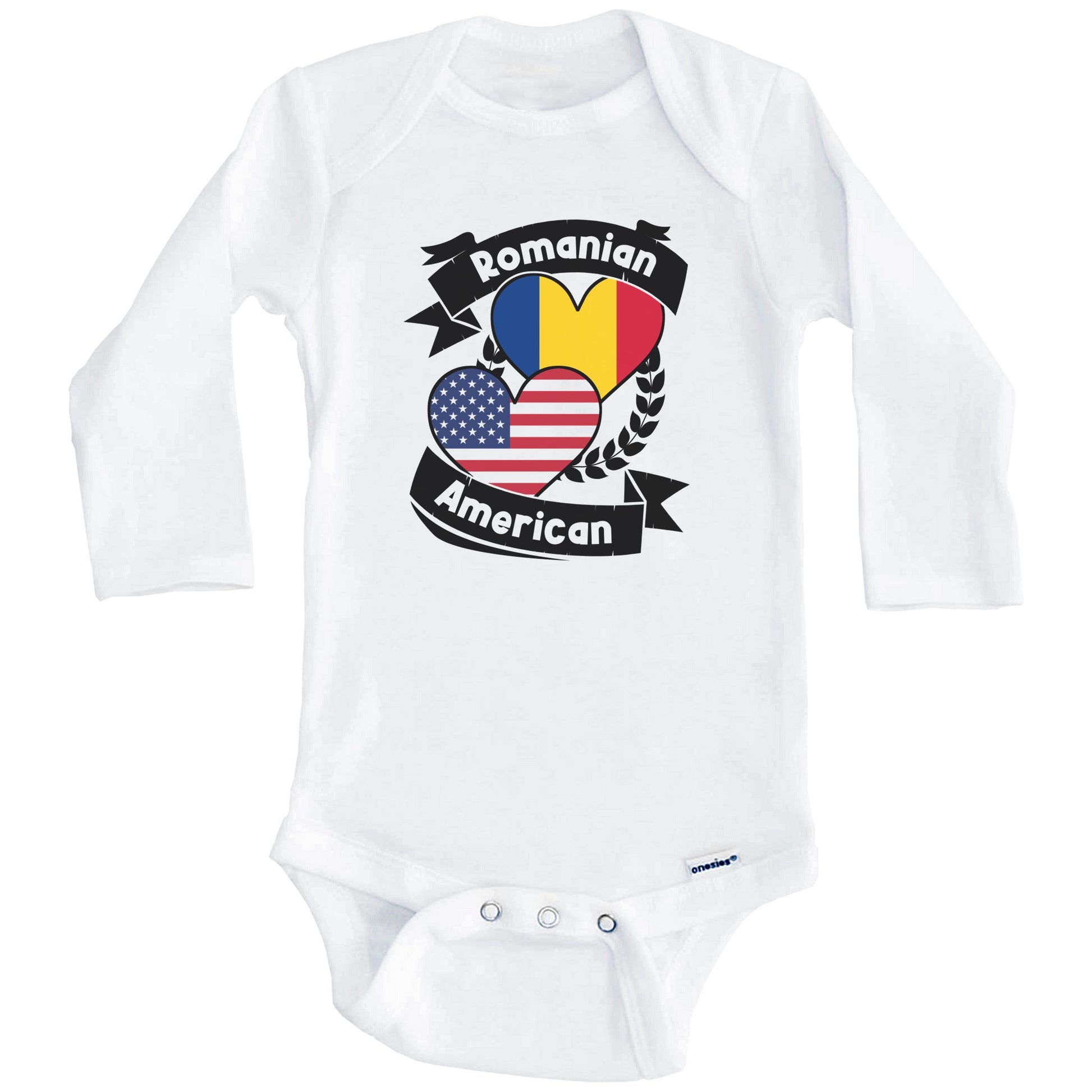 Romanian American Hearts USA Flag Romania Flag Baby Bodysuit (Long Sleeves)