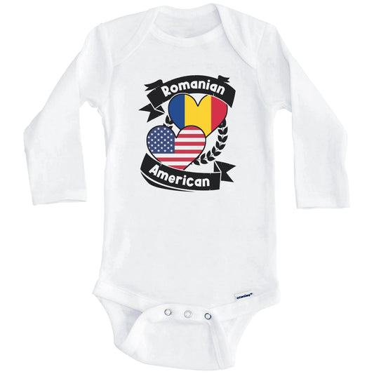 Romanian American Hearts USA Flag Romania Flag Baby Bodysuit (Long Sleeves)
