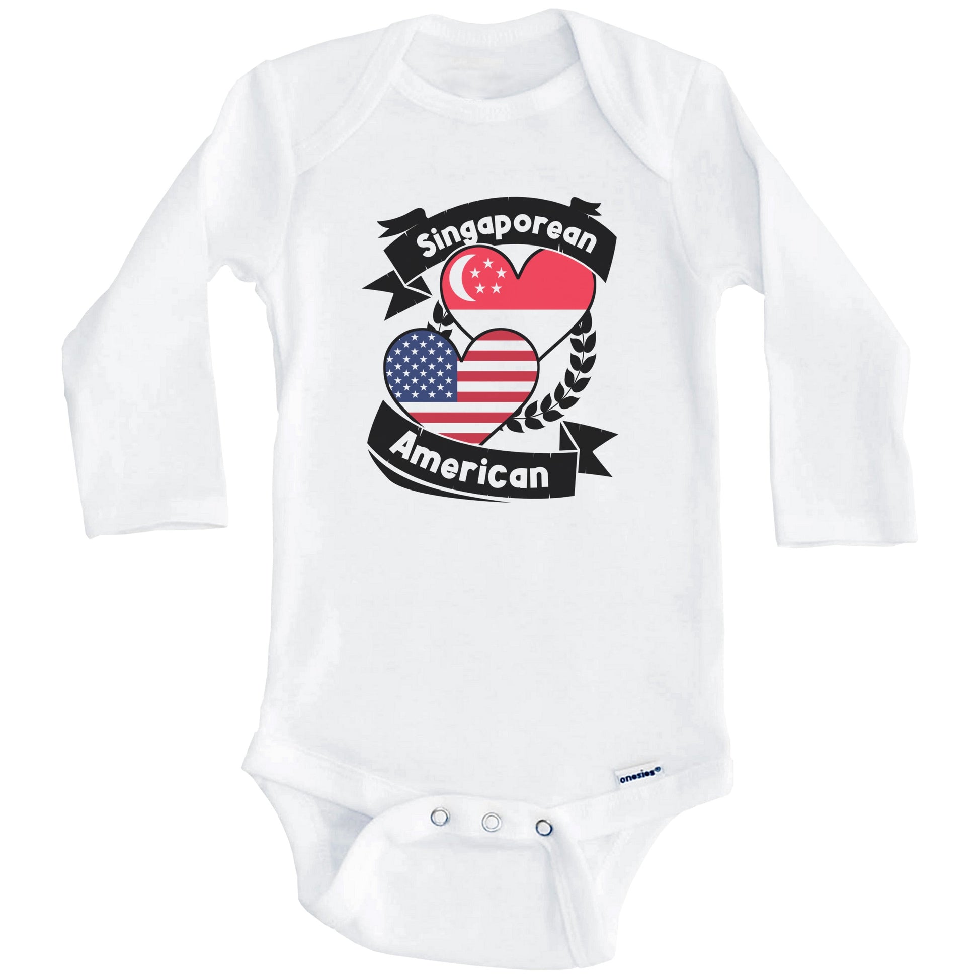 Singaporean American Hearts USA Flag Singapore Flag Baby Bodysuit (Long Sleeves)