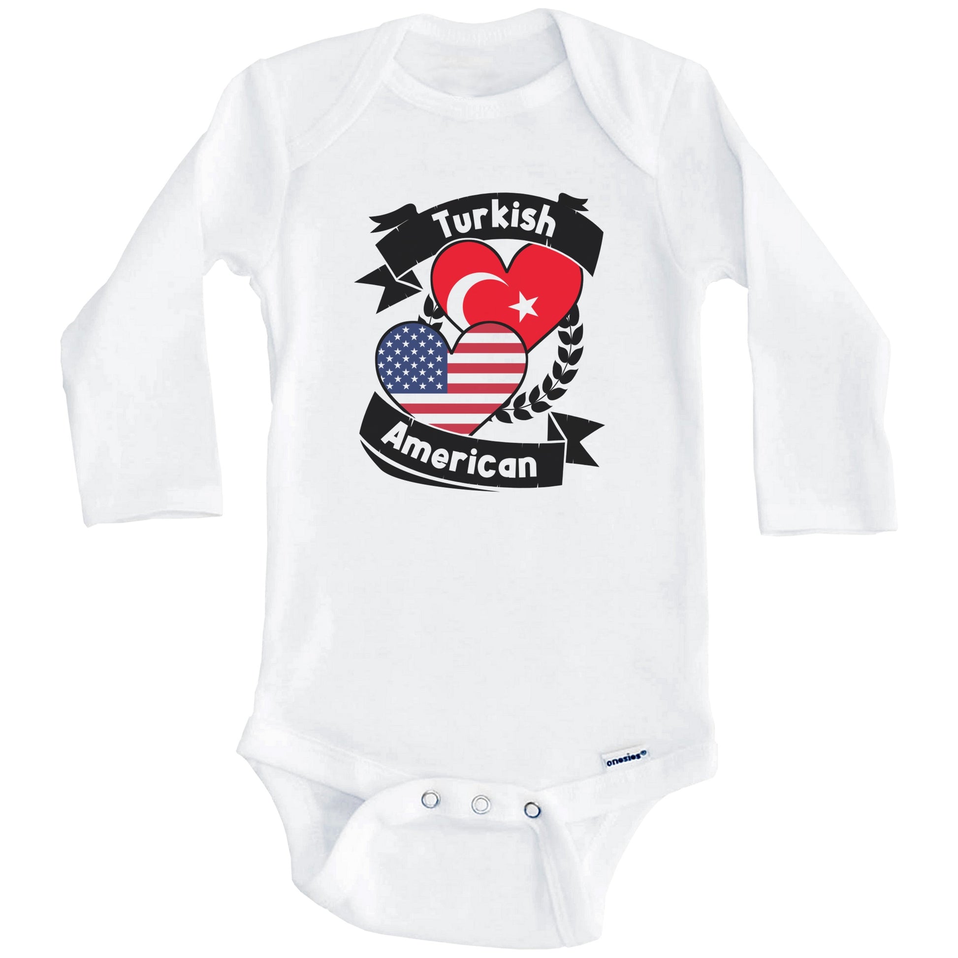 Turkish American Hearts USA Flag Turkey Flag Baby Bodysuit (Long Sleeves)