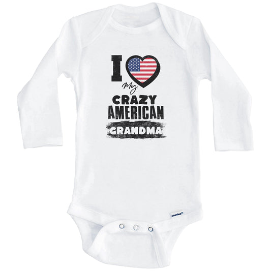 I Love My Crazy American Grandma Funny USA Flag Grandchild Baby Bodysuit (Long Sleeves)