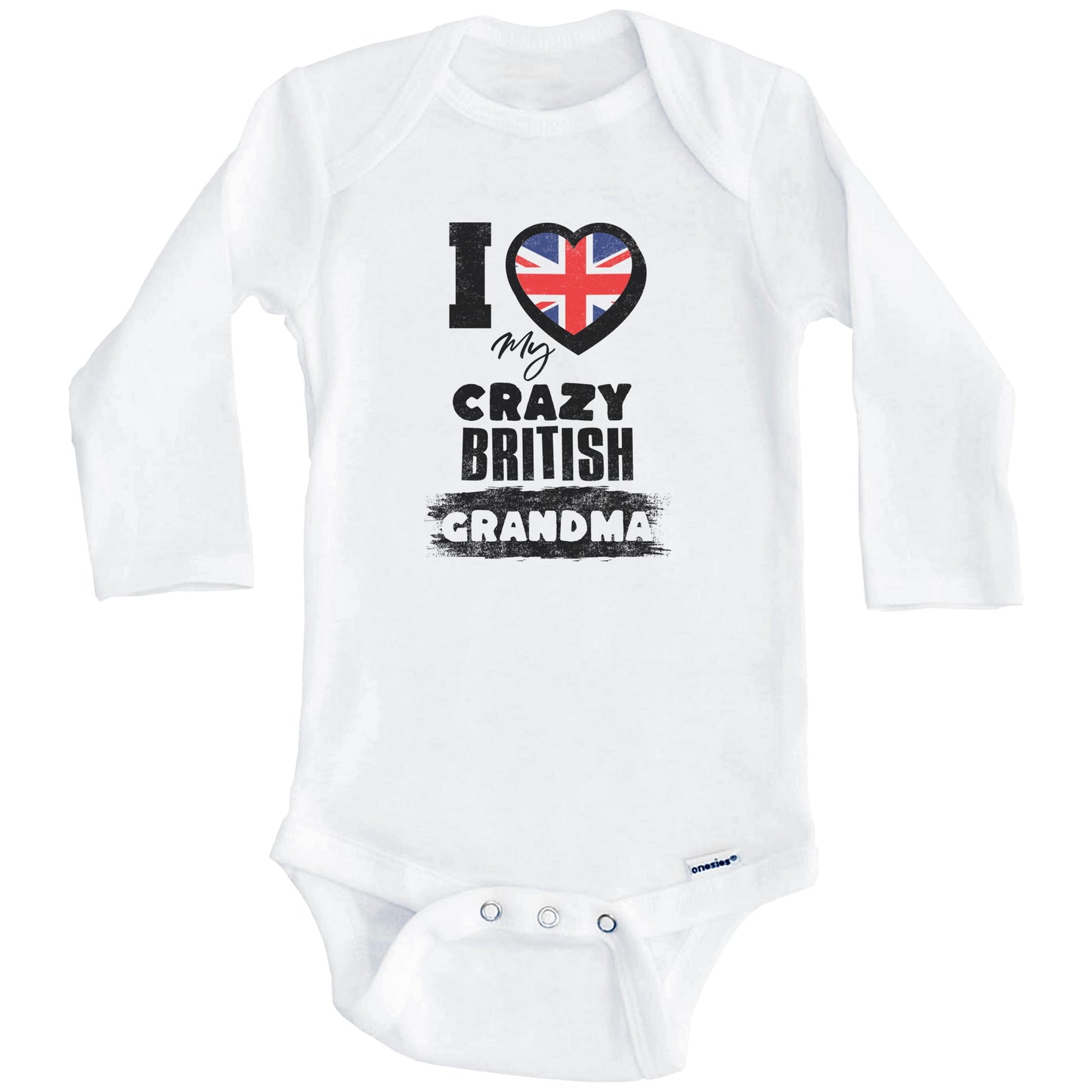 I Love My Crazy British Grandma Funny UK Flag Grandchild Baby Bodysuit (Long Sleeves)