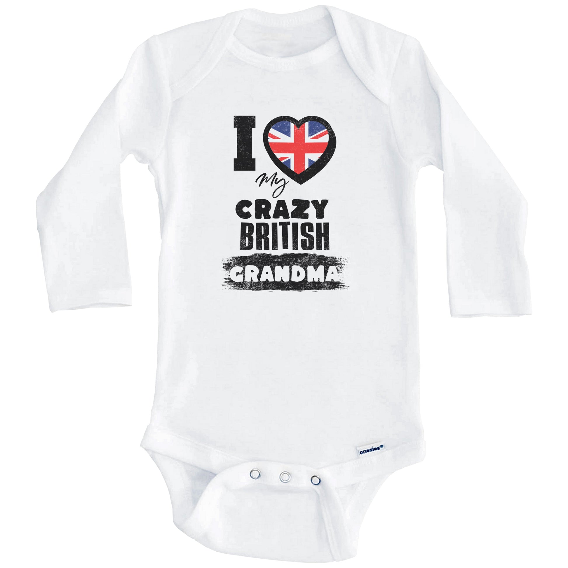 I Love My Crazy British Grandma Funny UK Flag Grandchild Baby Bodysuit (Long Sleeves)