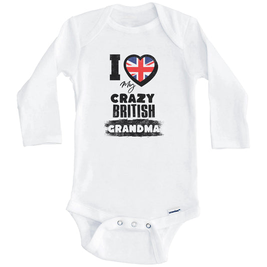 I Love My Crazy British Grandma Funny UK Flag Grandchild Baby Bodysuit (Long Sleeves)