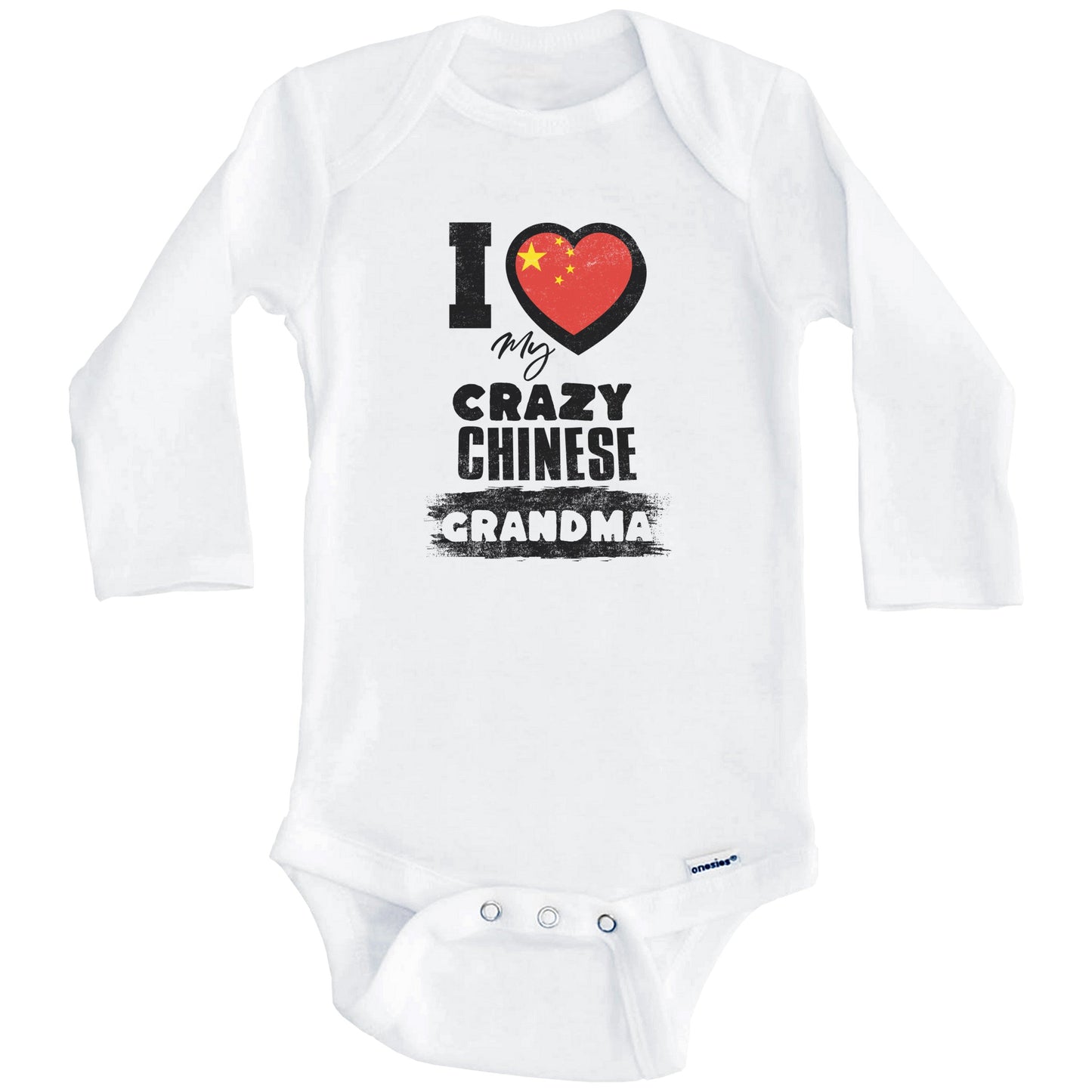 I Love My Crazy Chinese Grandma Funny China Flag Grandchild Baby Bodysuit (Long Sleeves)