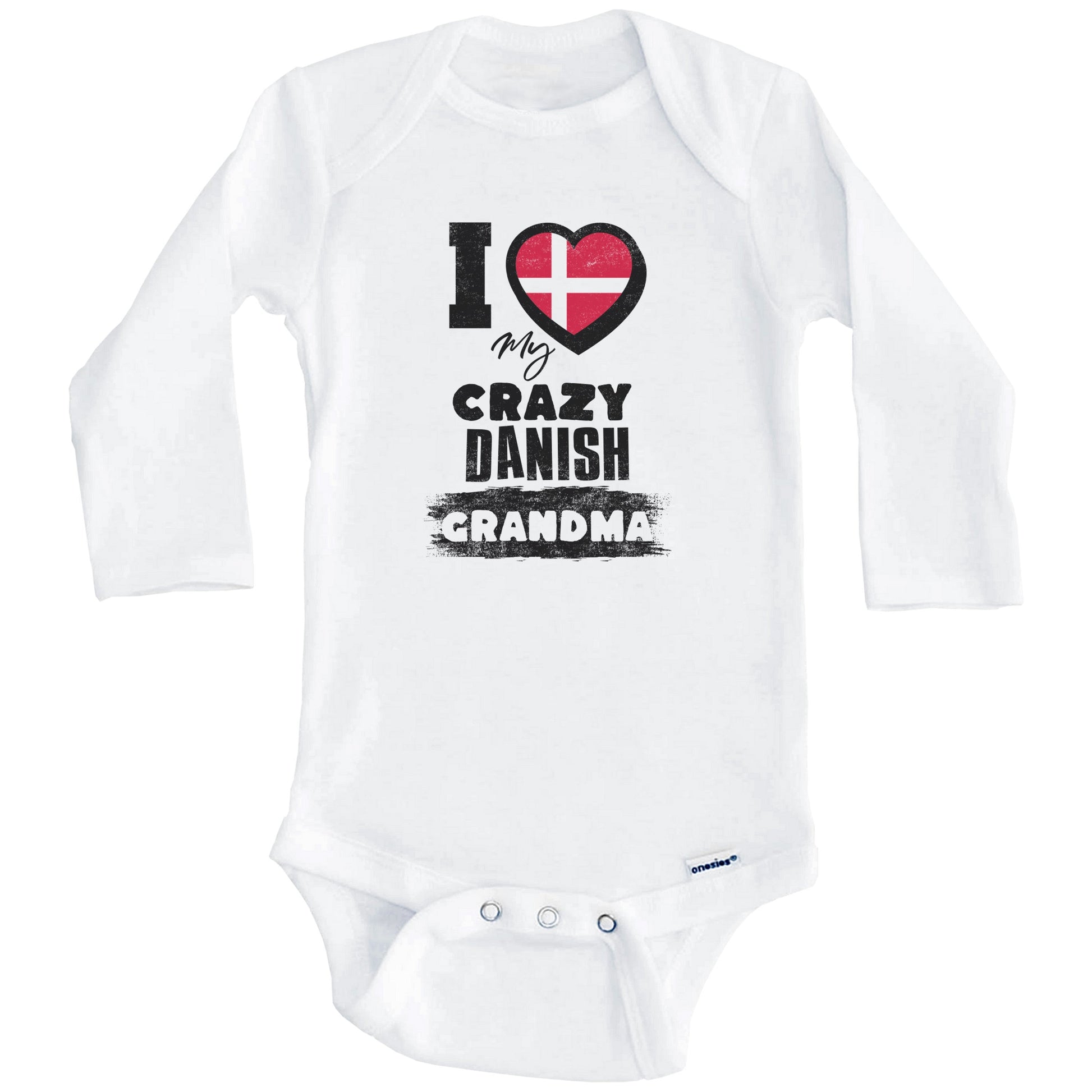 I Love My Crazy Danish Grandma Funny Denmark Flag Grandchild Baby Bodysuit (Long Sleeves)