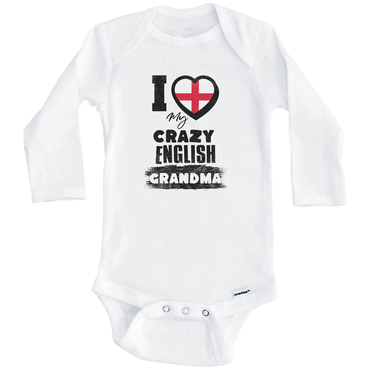 I Love My Crazy English Grandma Funny England Flag Grandchild Baby Bodysuit (Long Sleeves)