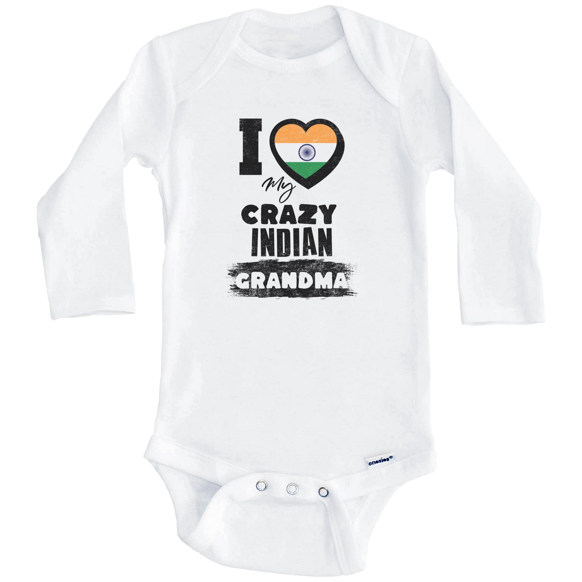 I Love My Crazy Indian Grandma Funny India Flag Grandchild Baby Bodysuit (Long Sleeves)