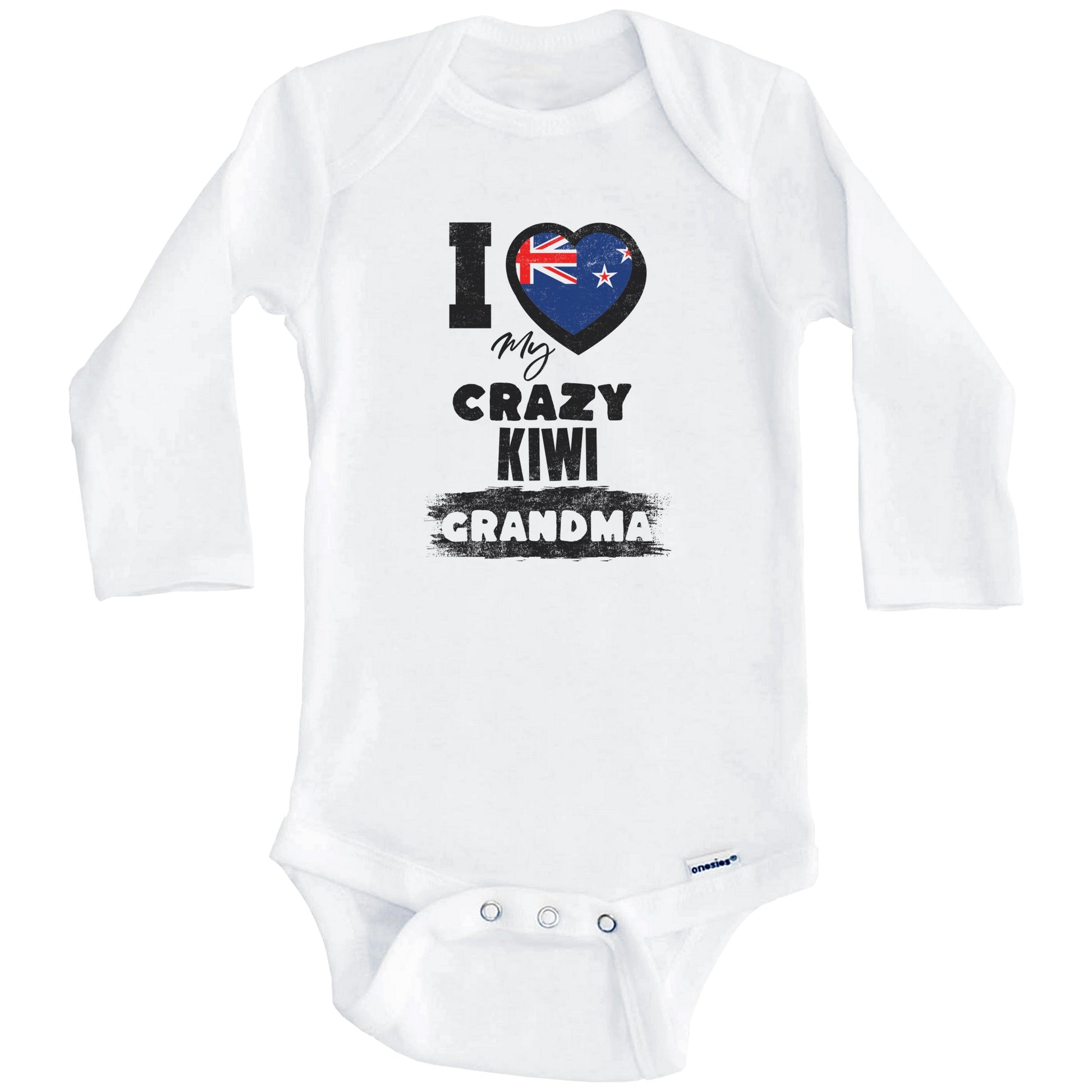 I Love My Crazy Kiwi Grandma Funny New Zealand Flag Grandchild Baby Bodysuit (Long Sleeves)