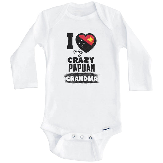 I Love My Crazy Papuan Grandma Funny Papua New Guinea Flag Grandchild Baby Bodysuit (Long Sleeves)