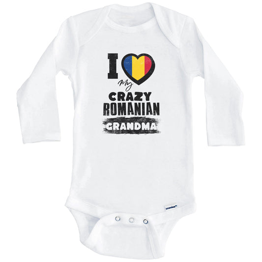 I Love My Crazy Romanian Grandma Funny Romania Flag Grandchild Baby Bodysuit (Long Sleeves)