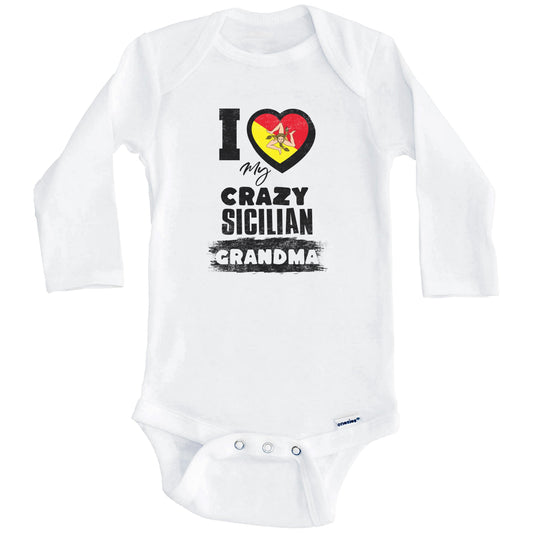 I Love My Crazy Sicilian Grandma Funny Sicily Flag Grandchild Baby Bodysuit (Long Sleeves)