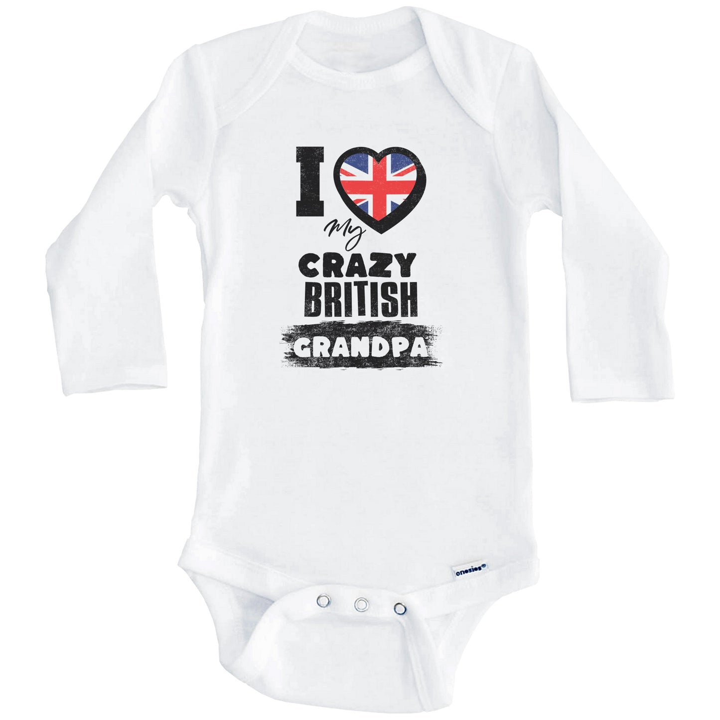 I Love My Crazy British Grandpa Funny UK Flag Grandchild Baby Bodysuit (Long Sleeves)