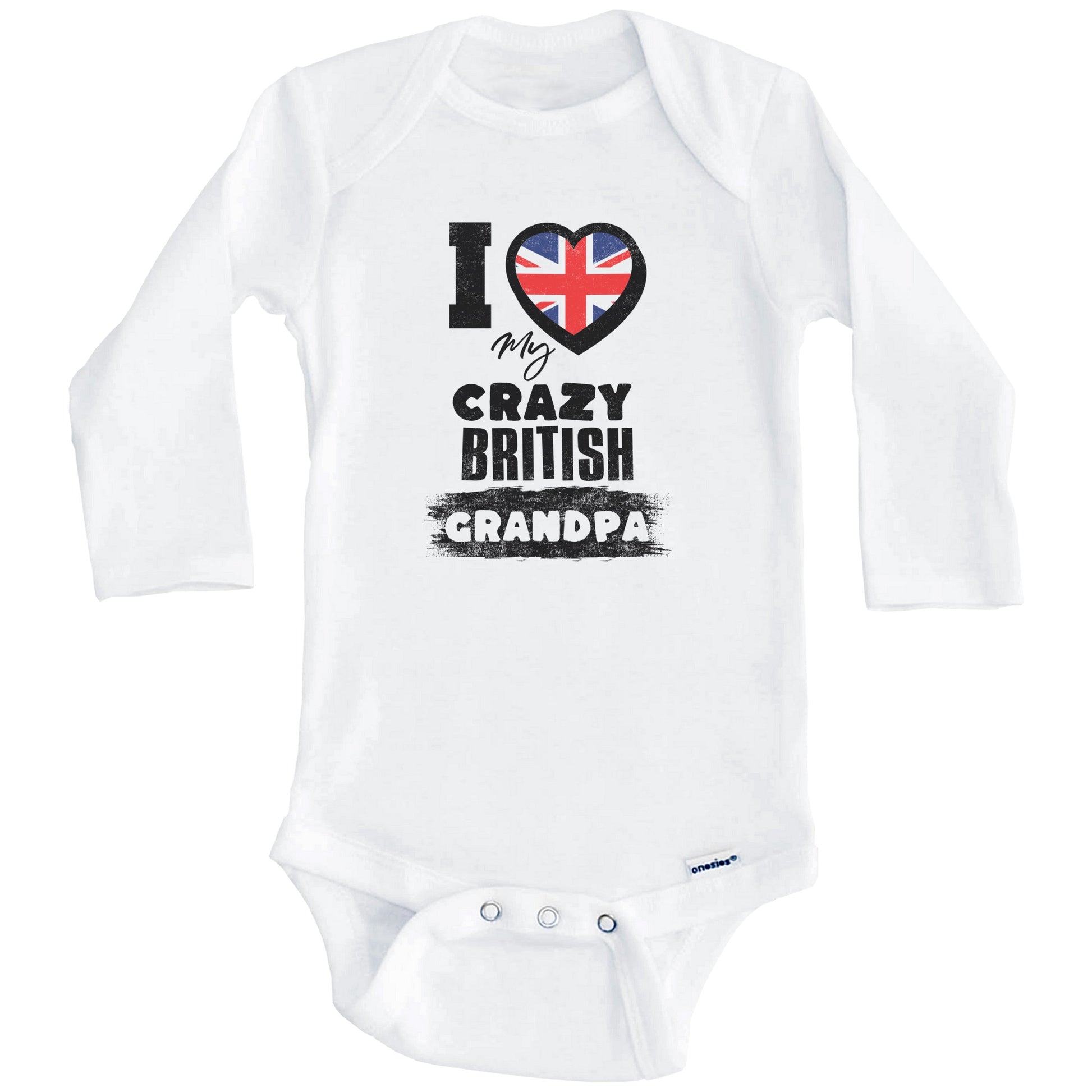 I Love My Crazy British Grandpa Funny UK Flag Grandchild Baby Bodysuit (Long Sleeves)