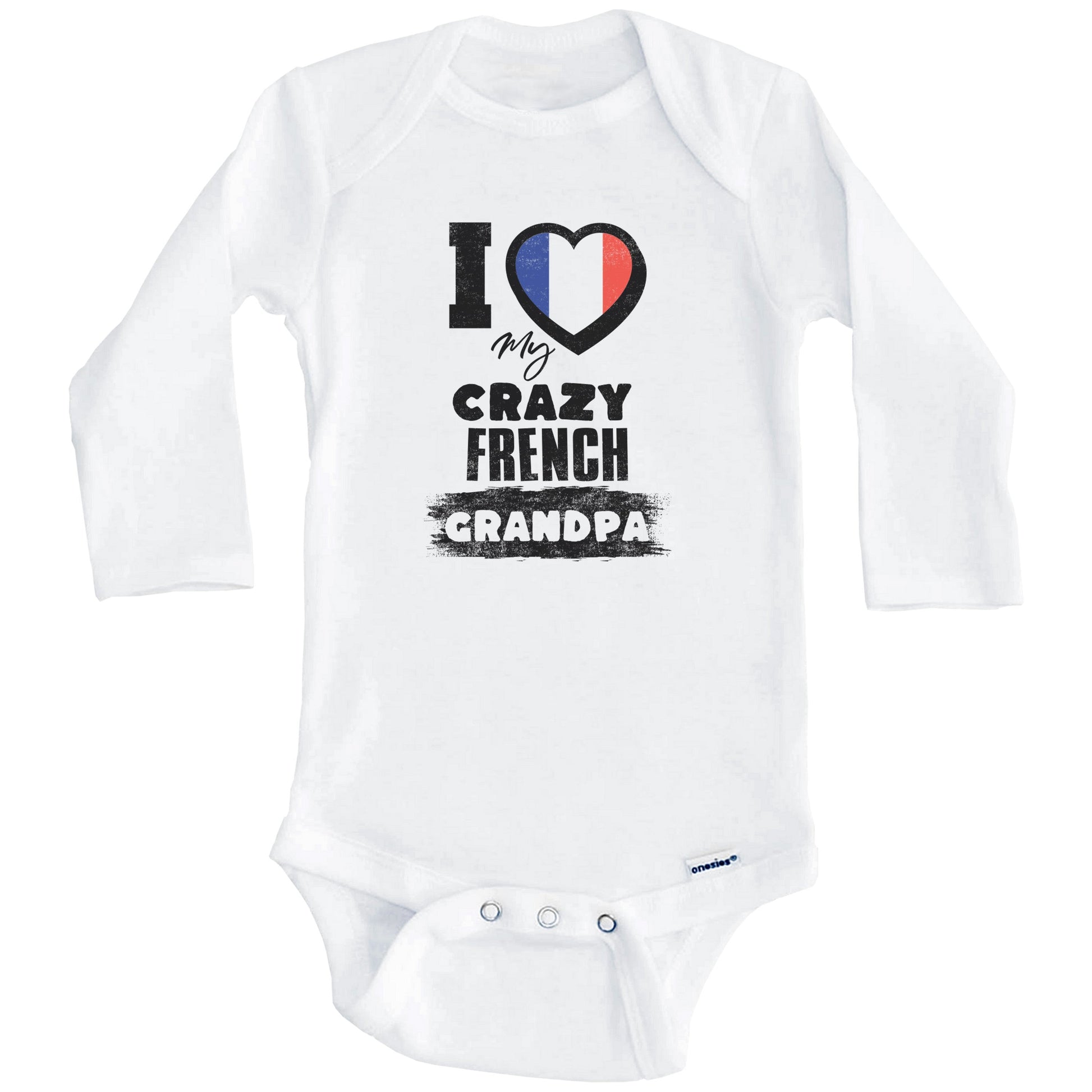 I Love My Crazy French Grandpa Funny France Flag Grandchild Baby Bodysuit (Long Sleeves)