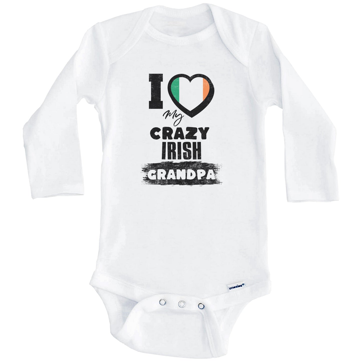 I Love My Crazy Irish Grandpa Funny Ireland Flag Grandchild Baby Bodysuit (Long Sleeves)