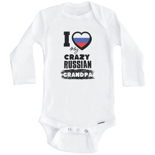 I Love My Crazy Russian Grandpa Funny Russia Flag Grandchild Baby Bodysuit (Long Sleeves)