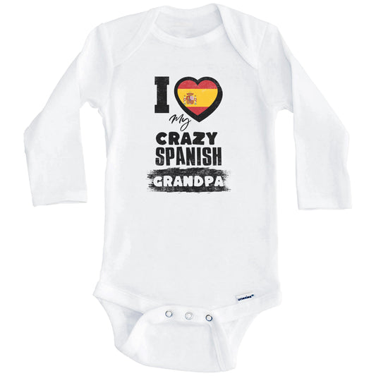 I Love My Crazy Spanish Grandpa Funny Spain Flag Grandchild Baby Bodysuit (Long Sleeves)