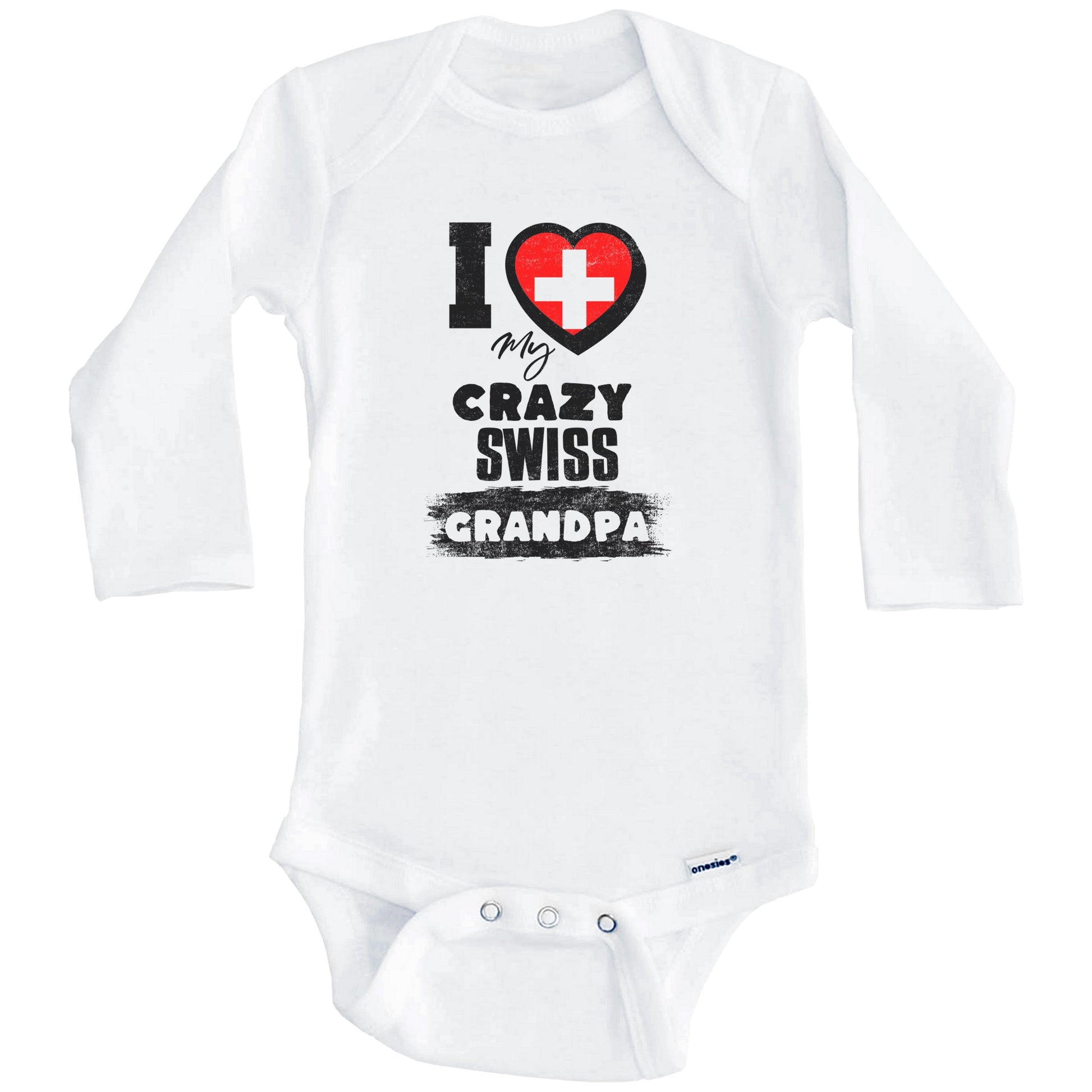 I Love My Crazy Swiss Grandpa Funny Switzerland Flag Grandchild Baby Bodysuit (Long Sleeves)