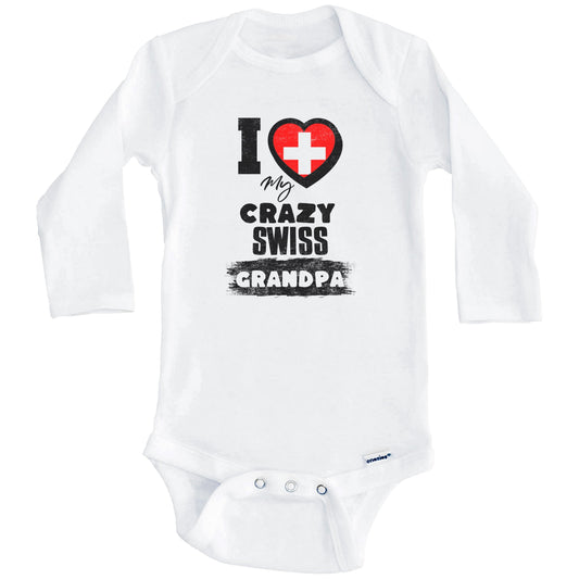 I Love My Crazy Swiss Grandpa Funny Switzerland Flag Grandchild Baby Bodysuit (Long Sleeves)