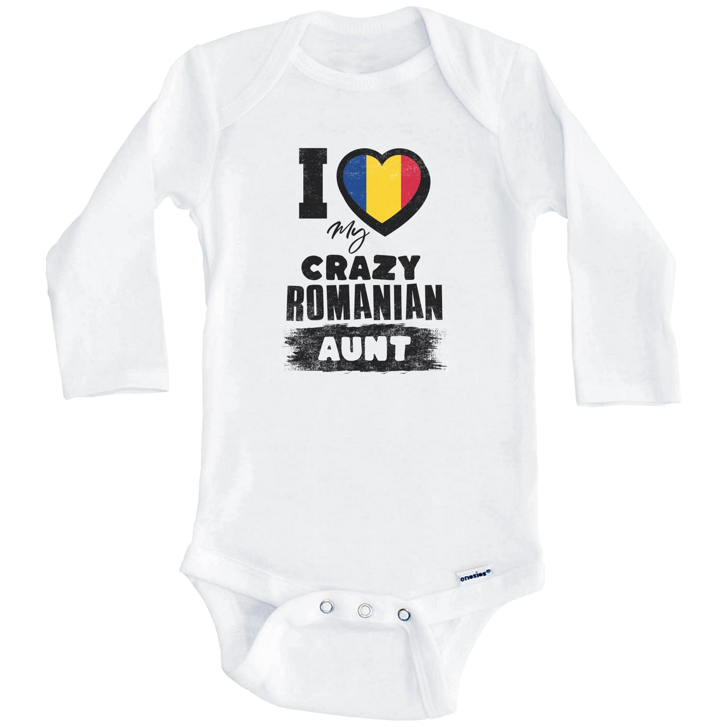 I Love My Crazy Romanian Aunt Funny Romania Flag Niece Nephew Baby Bodysuit (Long Sleeves)