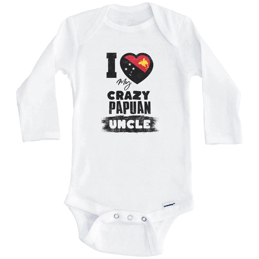 I Love My Crazy Papuan Uncle Funny Papua New Guinea Flag Niece Nephew Baby Bodysuit (Long Sleeves)