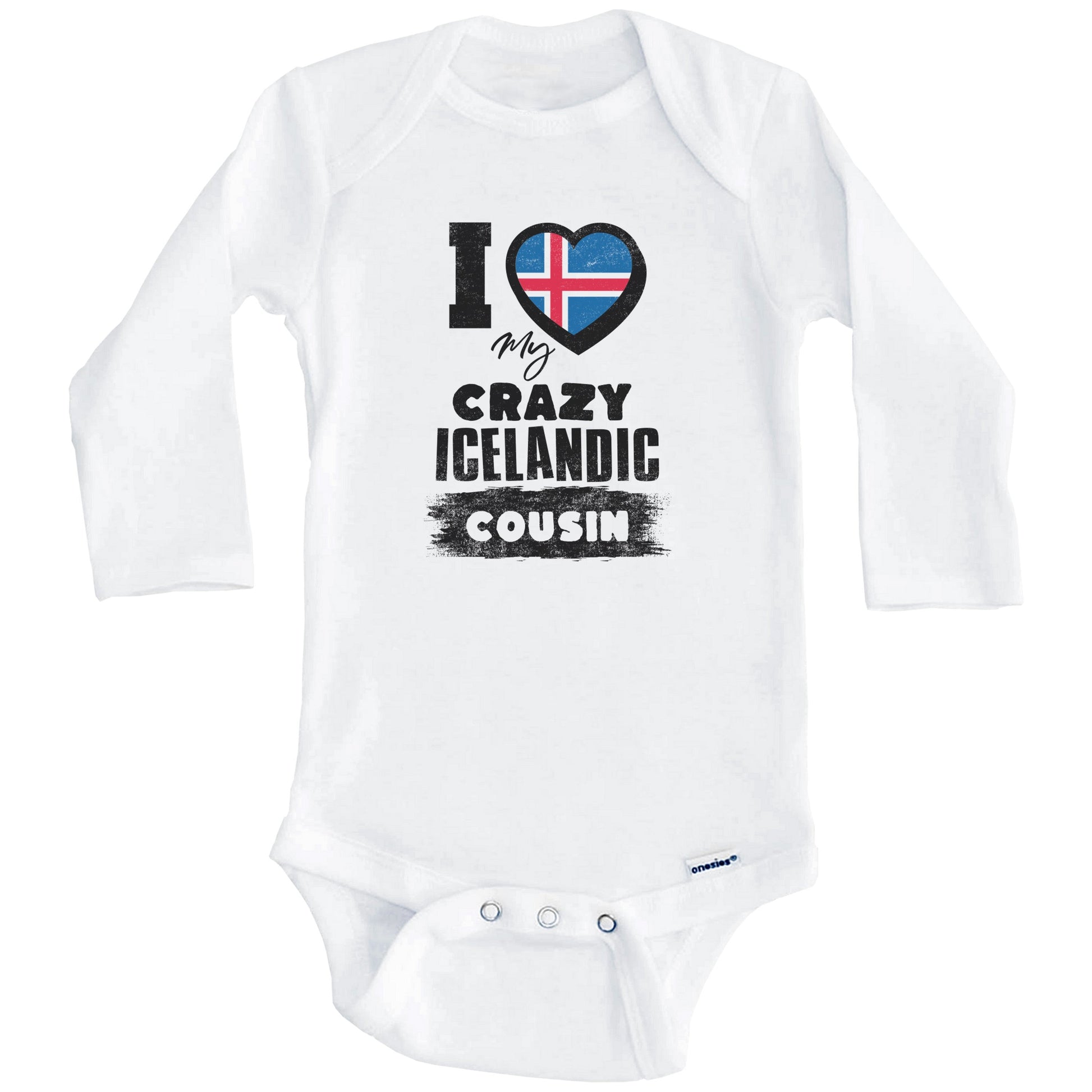 I Love My Crazy Icelandic Cousin Funny Iceland Flag Baby Bodysuit (Long Sleeves)