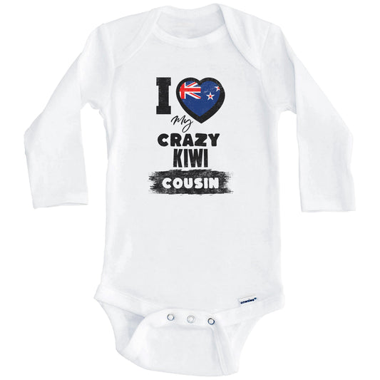 I Love My Crazy Kiwi Cousin Funny New Zealand Flag Baby Bodysuit (Long Sleeves)