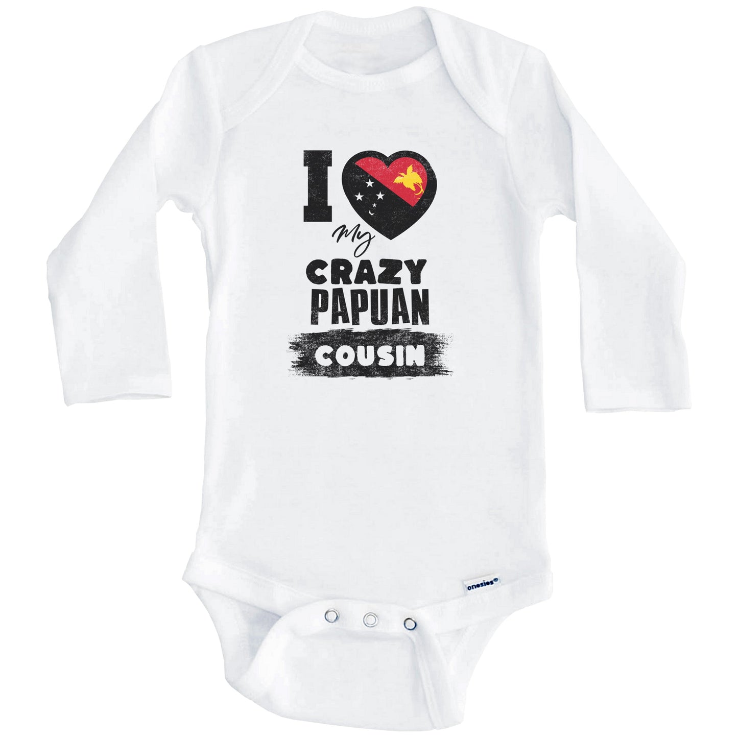 I Love My Crazy Papuan Cousin Funny Papua New Guinea Flag Baby Bodysuit (Long Sleeves)