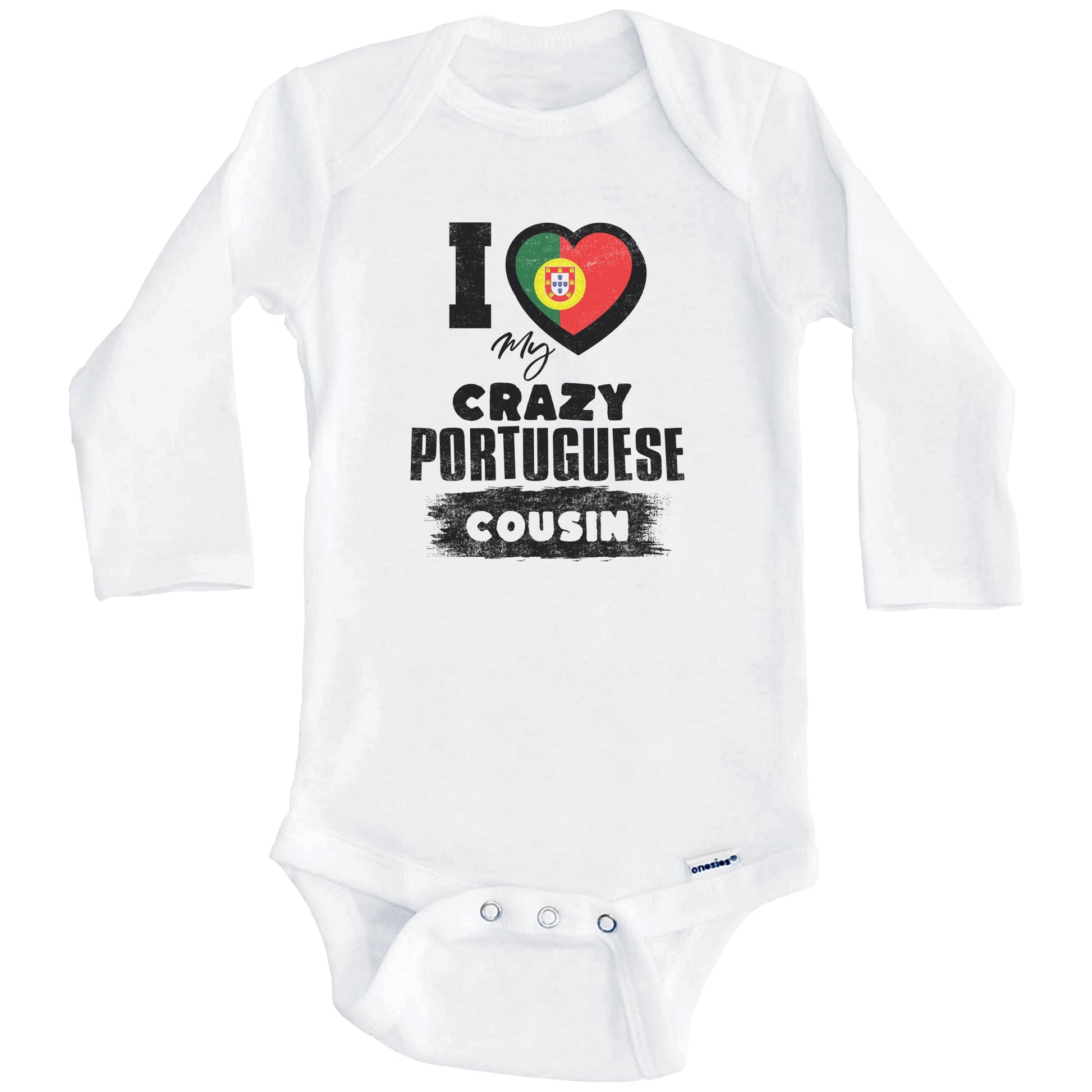 I Love My Crazy Portuguese Cousin Funny Portugal Flag Baby Bodysuit (Long Sleeves)