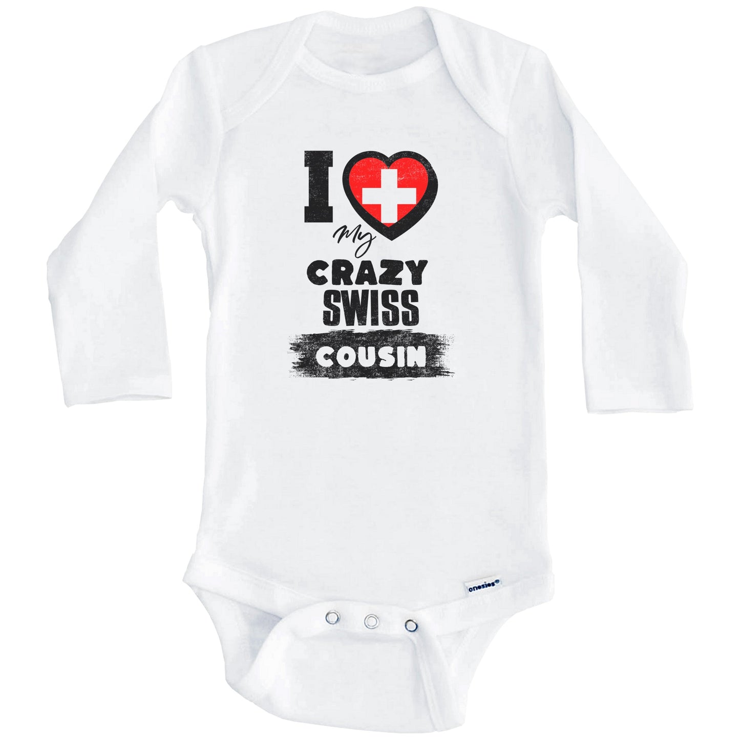 I Love My Crazy Swiss Cousin Funny Switzerland Flag Baby Bodysuit (Long Sleeves)