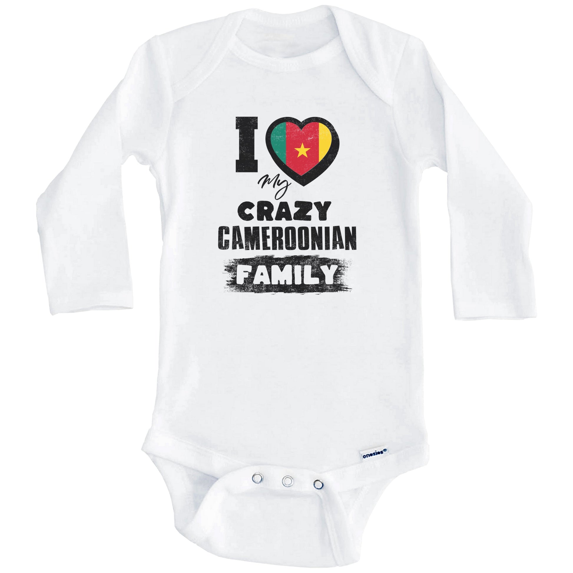 I Love My Crazy Cameroonian Family Funny Cameroon Flag Baby Bodysuit (Long Sleeves)