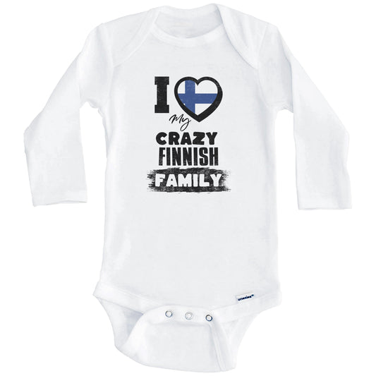 I Love My Crazy Finnish Family Funny Finland Flag Baby Bodysuit (Long Sleeves)