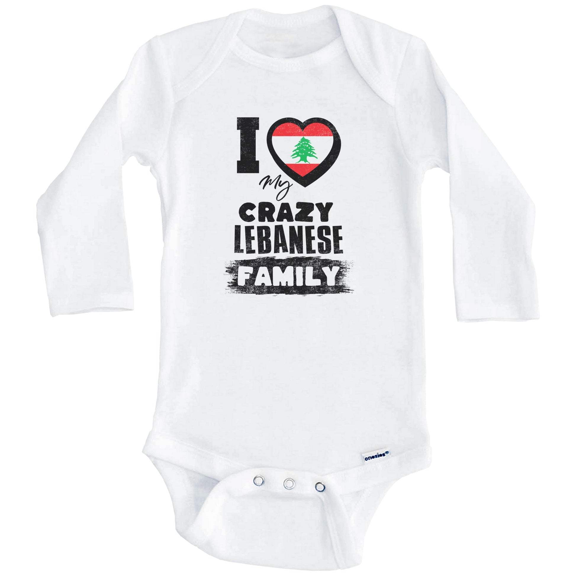 I Love My Crazy Lebanese Family Funny Lebanon Flag Baby Bodysuit (Long Sleeves)