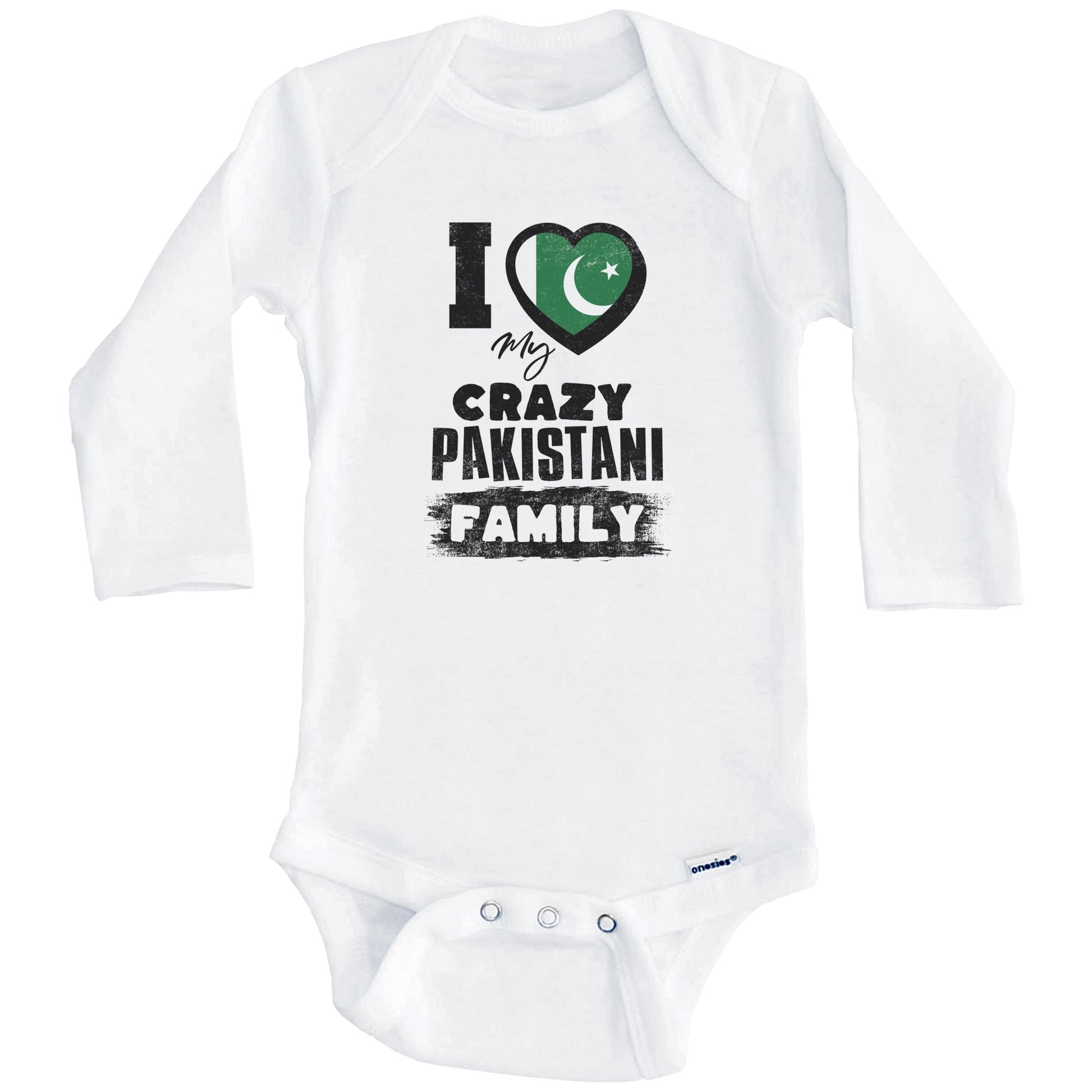 I Love My Crazy Pakistani Family Funny Pakistan Flag Baby Bodysuit (Long Sleeves)