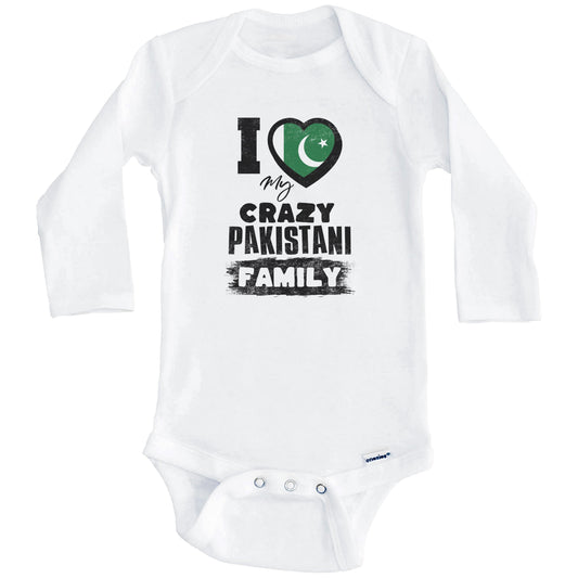 I Love My Crazy Pakistani Family Funny Pakistan Flag Baby Bodysuit (Long Sleeves)